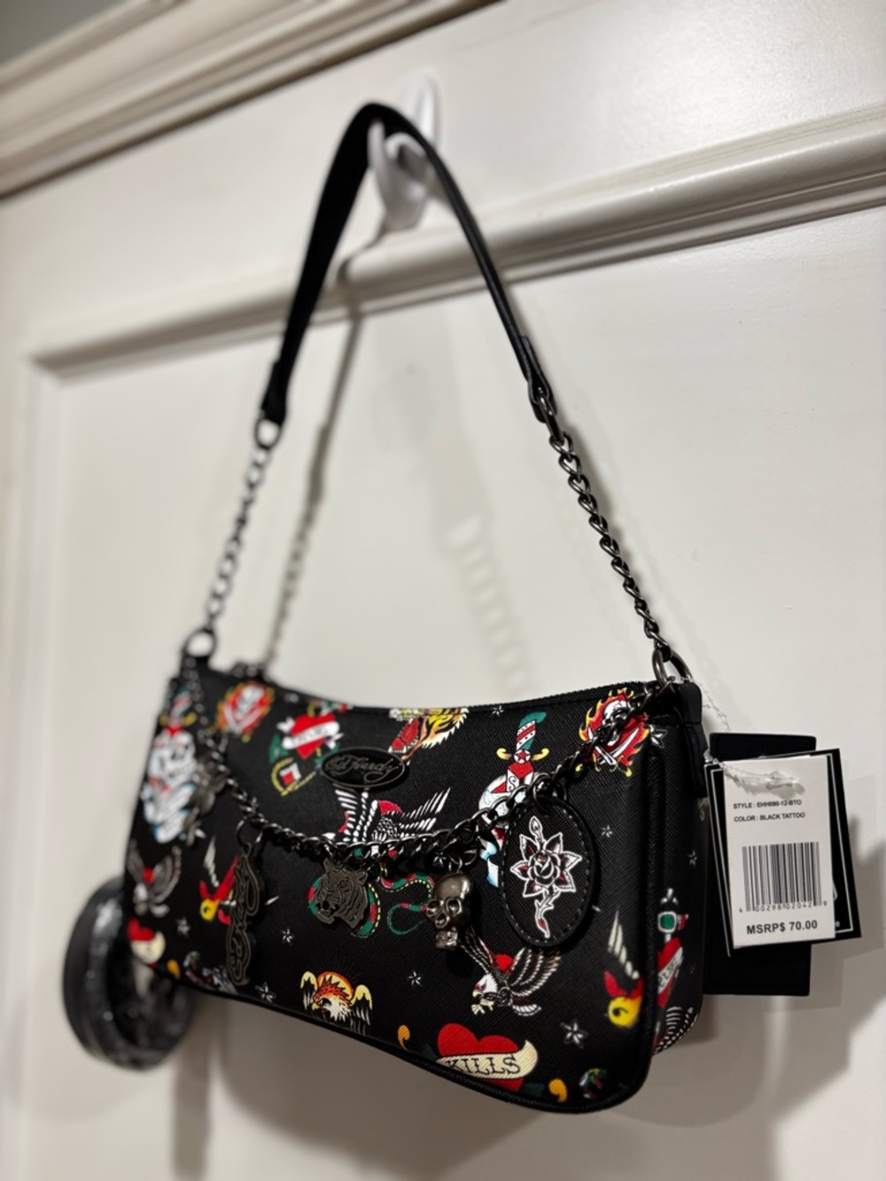 Ed Hardy Black Tattoo-Print Crossbody Bag with Red & Green Accents